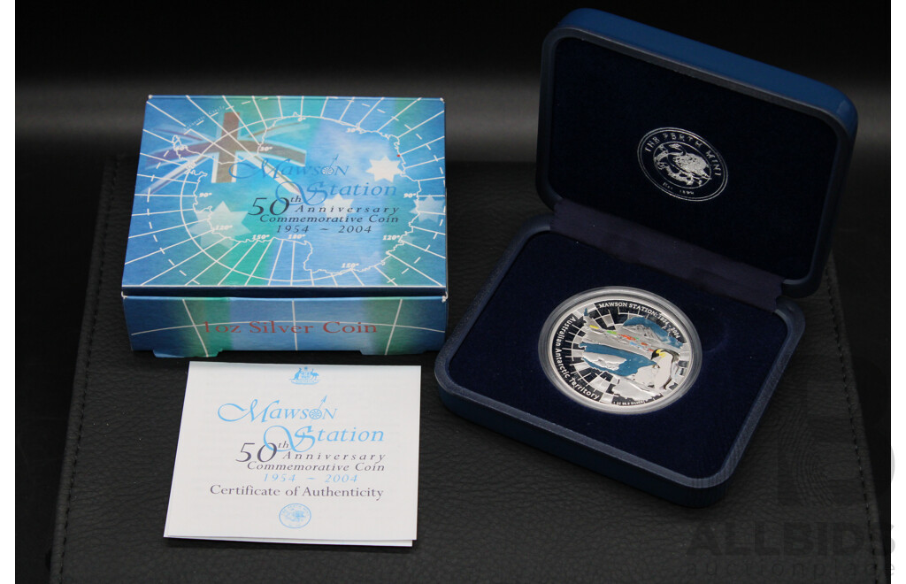 Australian TPM 2004 Australian Antarctic Territory Mawson Station 50th Anniversary 1oz One Dollar Silver Proof Coin