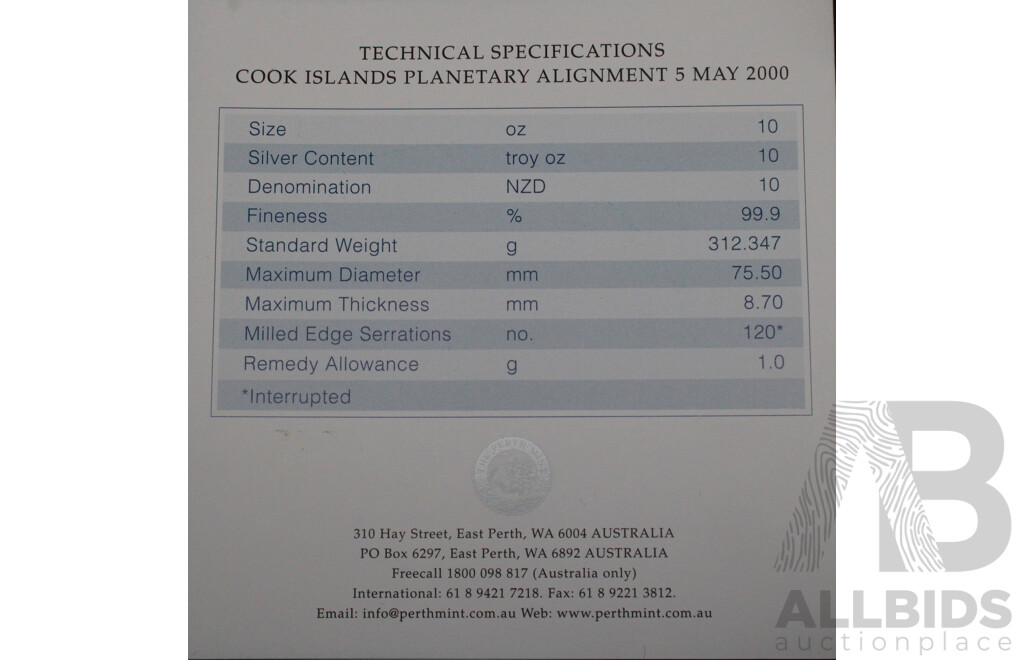 Australian TPM 2000 Planetary Alignment 10 Oz Ten Dolar Silver Proof Coin