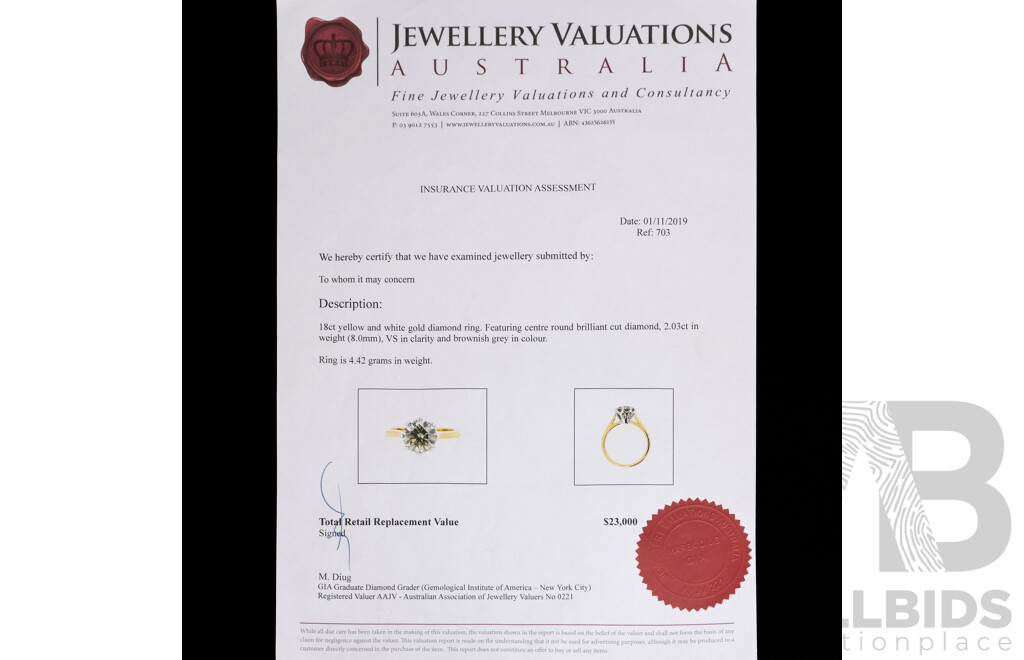 18ct 2.03ct Natural Diamond Solitiare Ring, Size P,  4.41 Grams