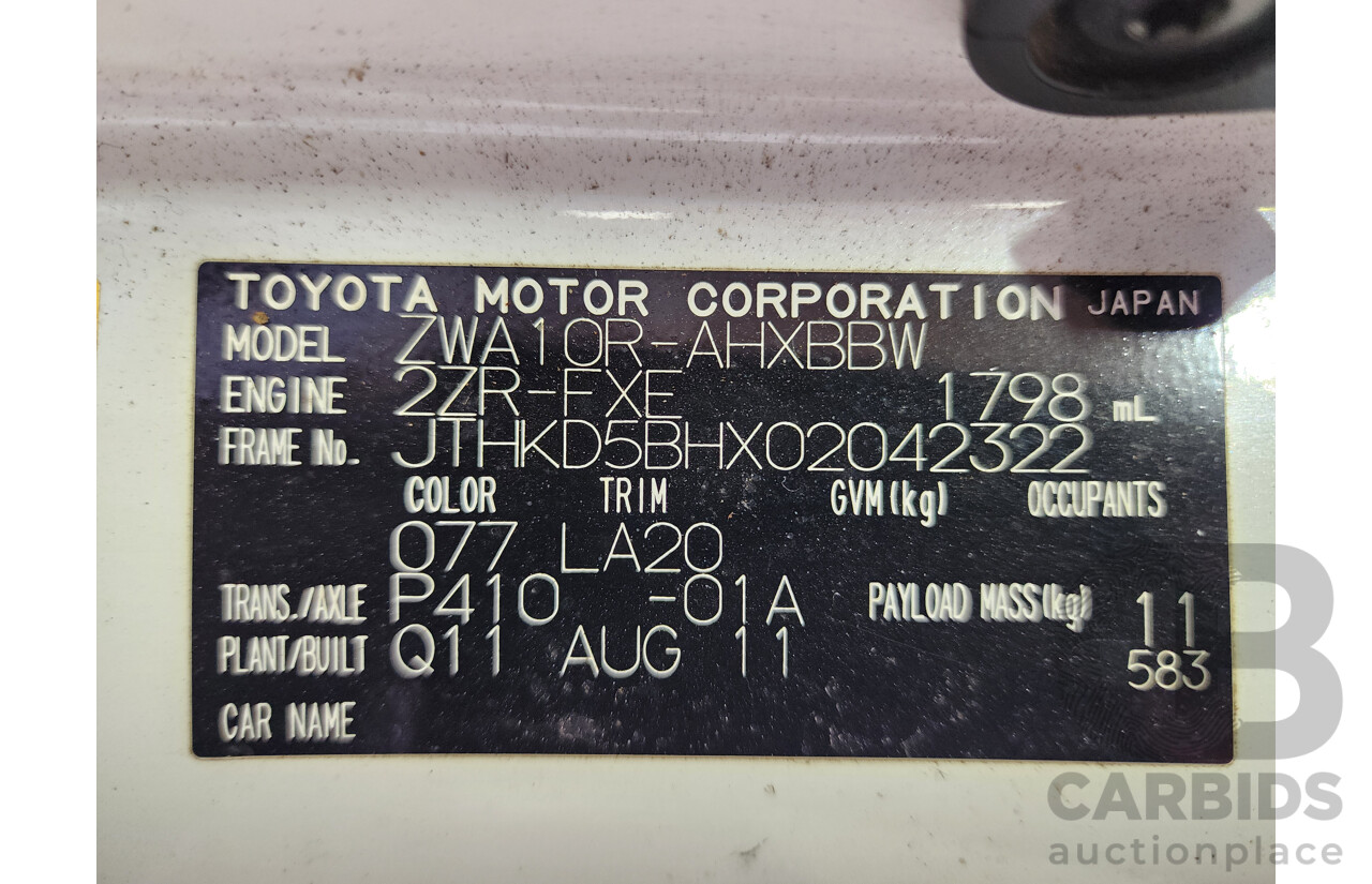 8/2011 Lexus Ct 200h. Hybrid Luxury ZWA10R 5d Hatchback White 1.8L
