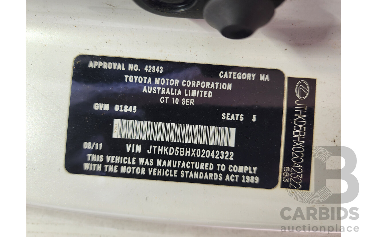 8/2011 Lexus Ct 200h. Hybrid Luxury ZWA10R 5d Hatchback White 1.8L