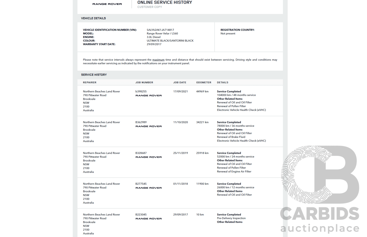 09/2017 Range Rover Velar D300 R-Dynamic SE (AWD) MY18 4D Wagon Santorini Black Turbo Diesel 3.0L