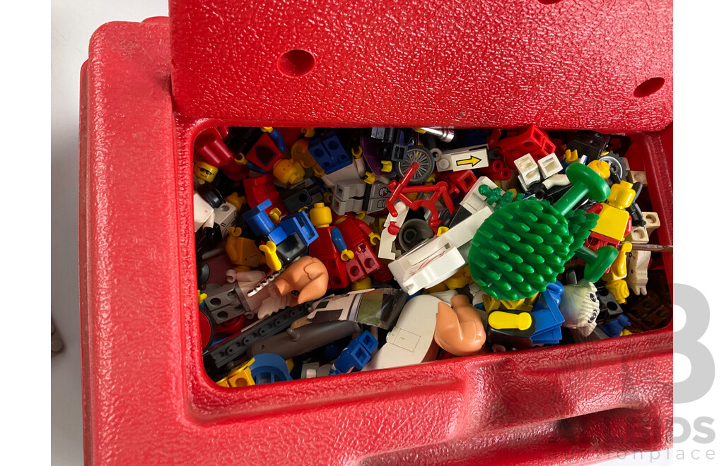 Collection of Vintage Lego Pieces Including Figures, Animals, Base Plates