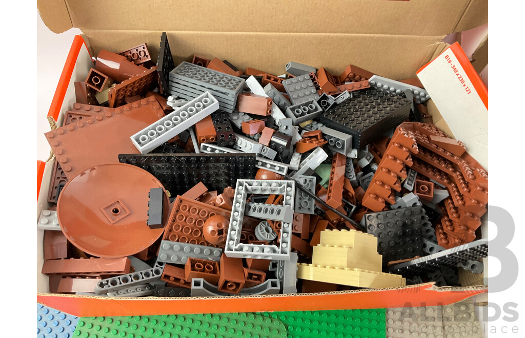 Collection of Vintage Lego Pieces Including Figures, Animals, Base Plates