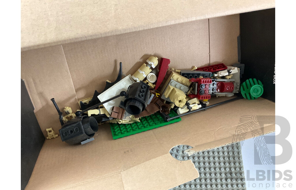 Collection of Vintage Lego Pieces Including Figures, Animals, Base Plates