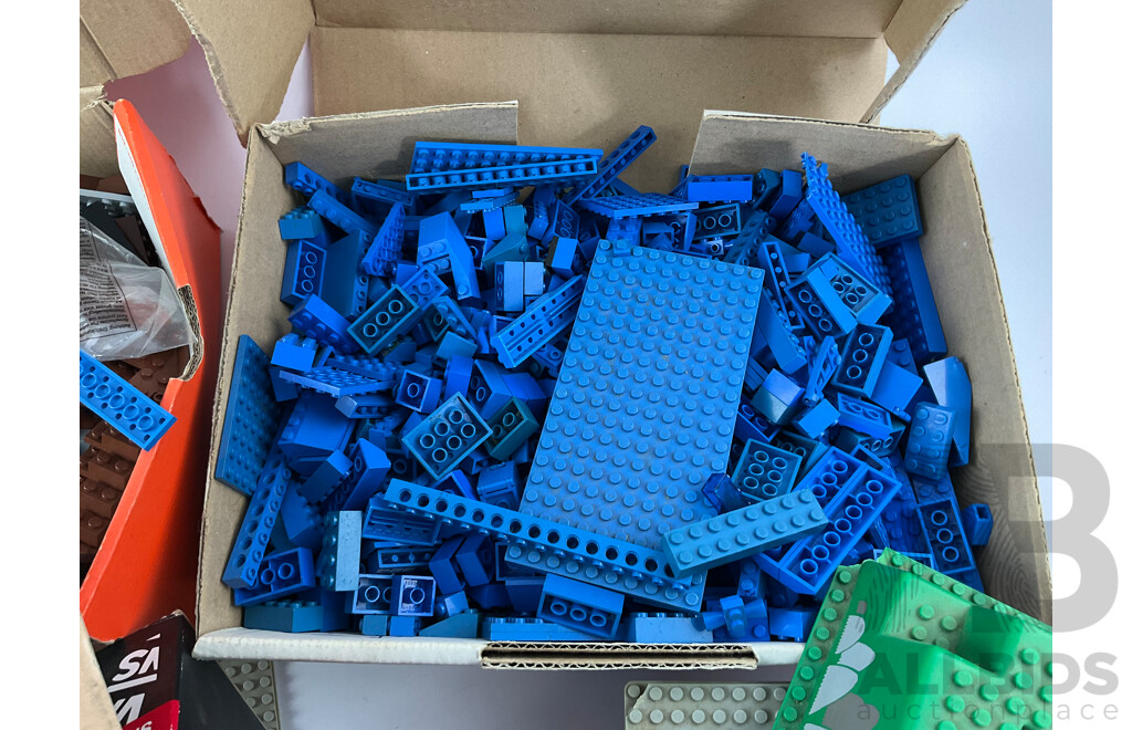 Collection of Vintage Lego Pieces Including Figures, Animals, Base Plates