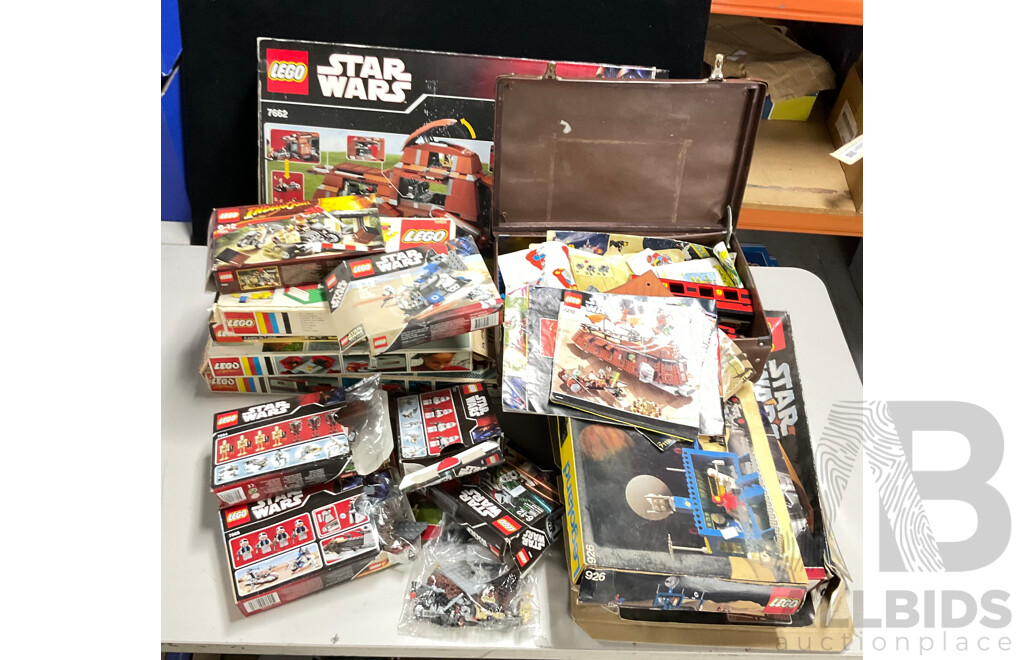 Collection of Assorted Lego Pieces and Boxes Including Star Wars Train, Instruction Manuals and More