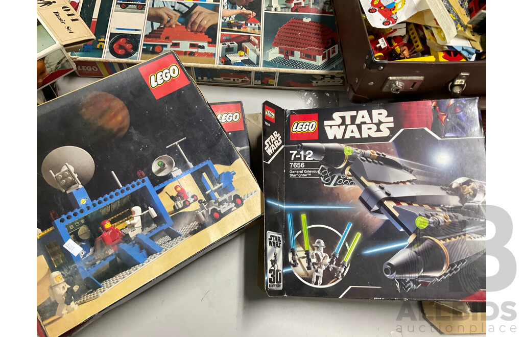 Collection of Assorted Lego Pieces and Boxes Including Star Wars Train, Instruction Manuals and More