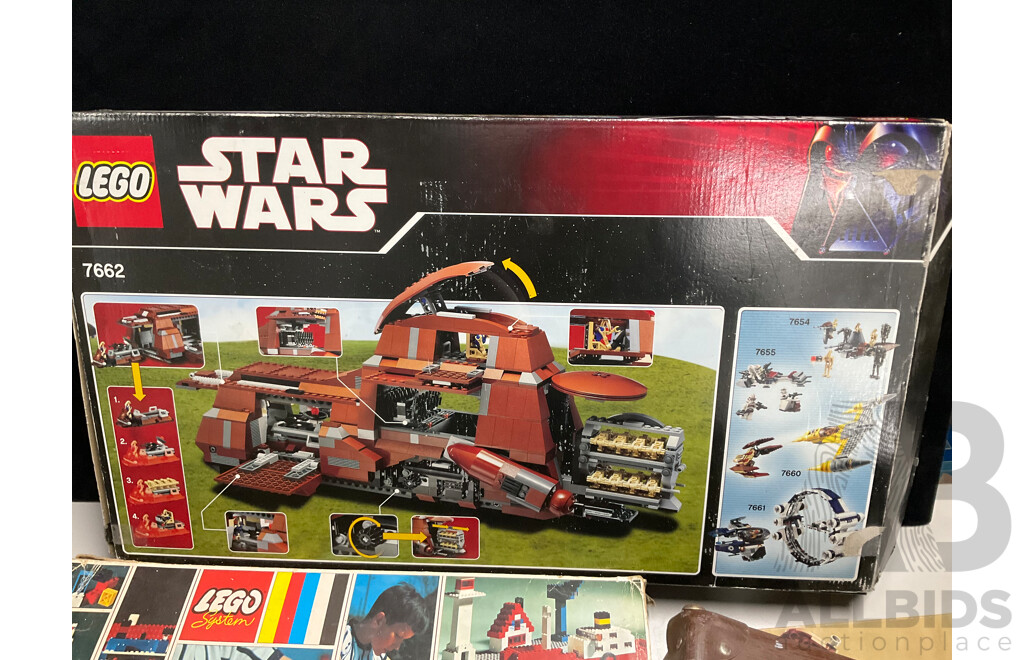 Collection of Assorted Lego Pieces and Boxes Including Star Wars Train, Instruction Manuals and More