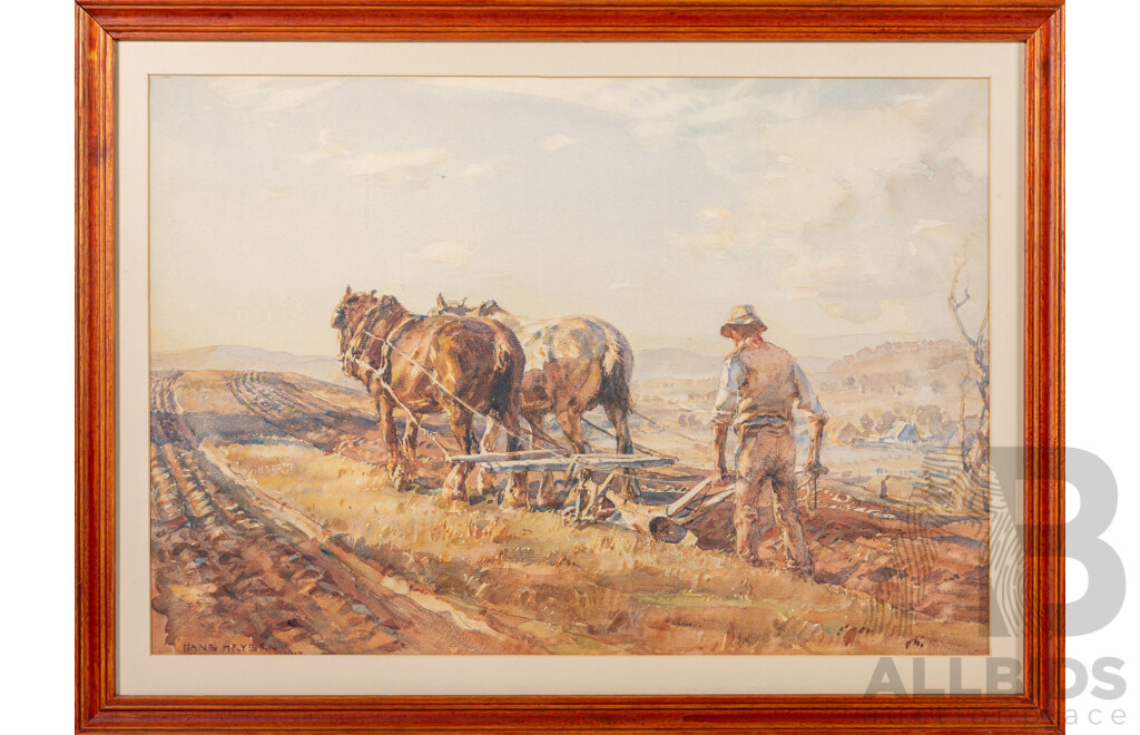 Sir Hans Heysen, (German Born Australian, 1877-1968), Ploughing with Polly & Jack, Reproduction Print After Original Watercolour, 48 x 65 cm (frame)