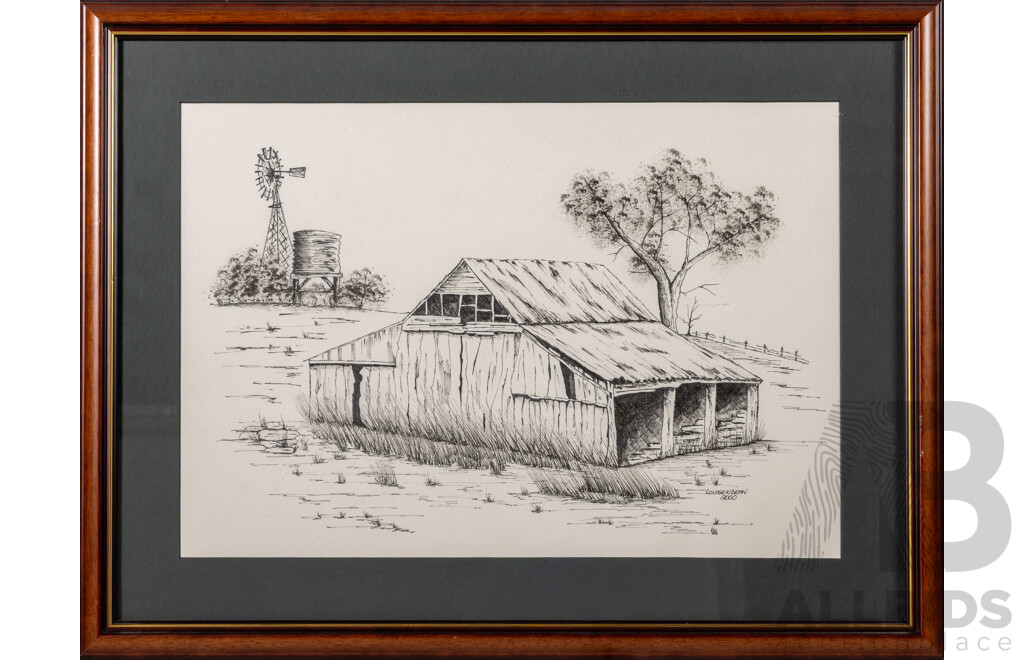 Louise K. Dean (20th Century, Australian), Country Shed & Windmill (2000), Original Ink Sketch, 48 x 62 cm (frame)