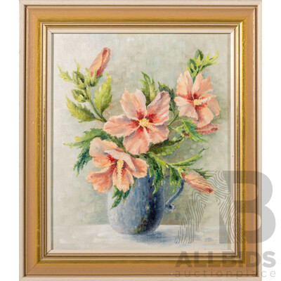 Kathleen Ailwood, (20th Century), Hibiscus Syriacus (in Pewter Mug), Original Oil on Canvas Board, 38 x 33 cm (frame)
