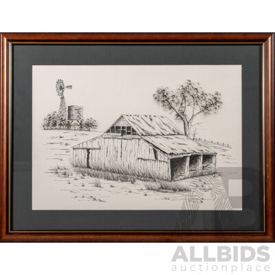 Louise K. Dean (20th Century, Australian), Country Shed & Windmill (2000), Original Ink Sketch, 48 x 62 cm (frame)