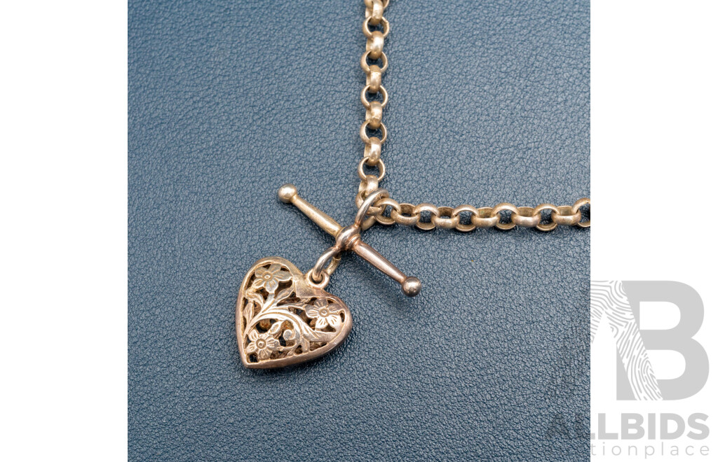 Vintage Sterling Silver Belcher Link Necklace with T-Bar Fob Pendant with Filigree Heart, 45cm, 21.35 Grams