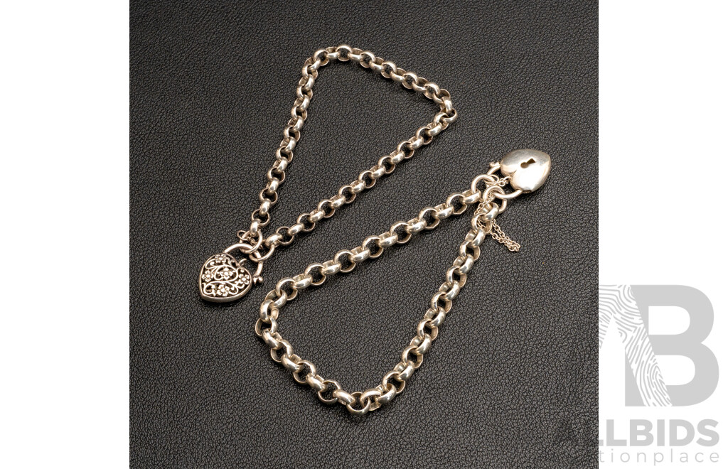 Vintage (2) Sterling Silver Belcher Link Heart Padlock Clasp Bracelets, 30.68 Grams