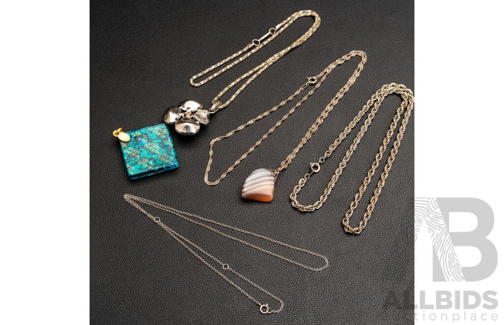Collection of Pendants Including Murano Glass & Banded Agate, with Silver Tone & Sterling Silver Chains