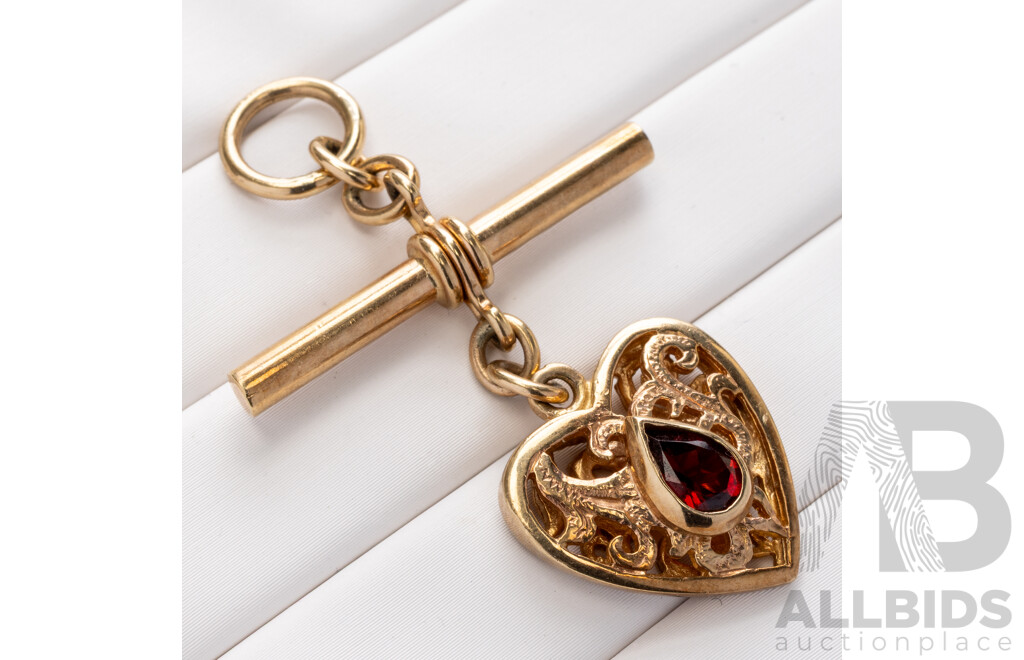 9ct Vintage Garnet Filigree Heart Drop Fob Pendant, 50mm, 8.52 Grams