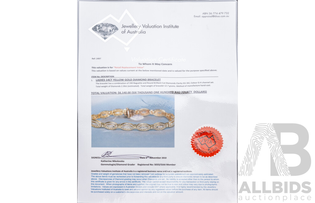 14ct Yellow Gold Diamond Set Bracelet, TDW 2.30ct, 13.27 Grams