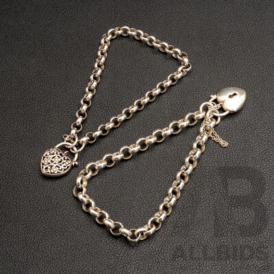 Vintage (2) Sterling Silver Belcher Link Heart Padlock Clasp Bracelets, 30.68 Grams