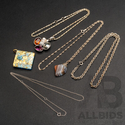 Collection of Pendants Including Murano Glass & Banded Agate, with Silver Tone & Sterling Silver Chains