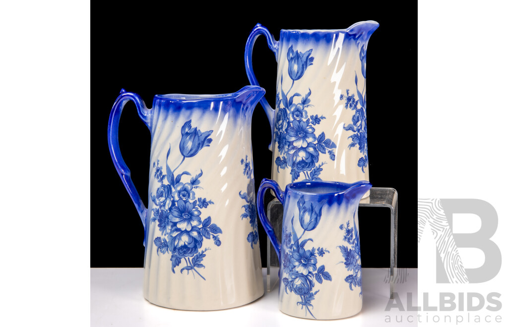 Trio of Blue and White English Transferware Ceramic Pitcher Jugs