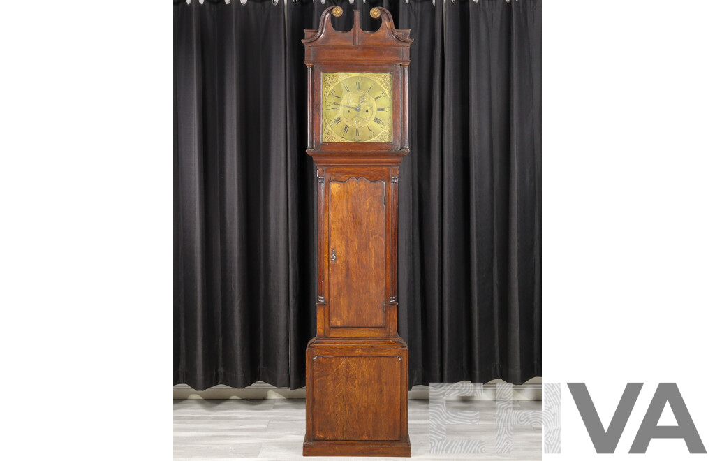 George III 30 Hour Long Case Clock with Brass Dial in Oak Case by John Houghton, Circa 1790