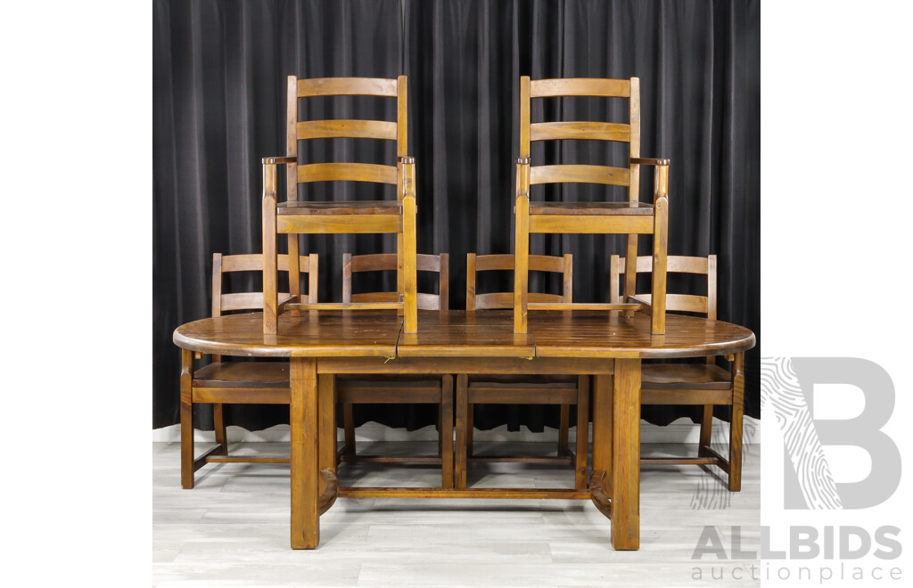 Rustic Timber Extension Dining Table with Six Oversized Carvers