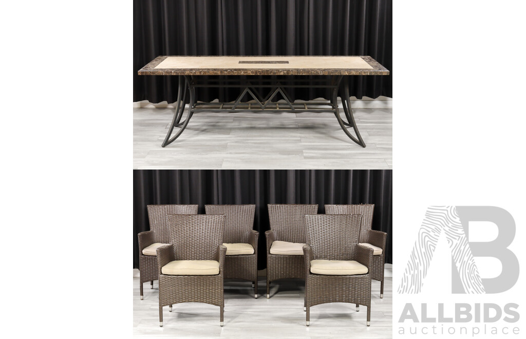 Modern Tile Top Outdoor Table with Six Polyweave Chairs by Royalje Outdoors