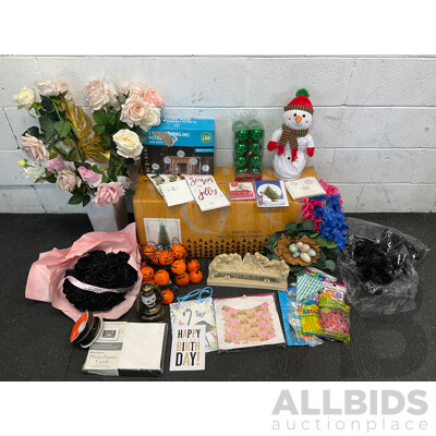 Assorted Christmas - Including David Jones Tree, Halloween, Birthday Decorations and Artificial Flowers Assorted Christmas - Including David Jones Tree, Halloween, Birthday Decorations and Artificial Flowers