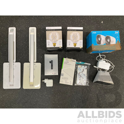 Assorted Usefull Gadgets, Including BELKIN Glass Protector, SIMPLECOM Led Desk Lamp, Led Fairy Light Globe, LENOVO Clock, LOGITECH Speakers and More Assorted Usefull Gadgets, Including BELKIN Glass Protector, SIMPLECOM Led Desk Lamp, Led Fairy Light Globe, LENOVO Clock, LOGITECH Speakers and More