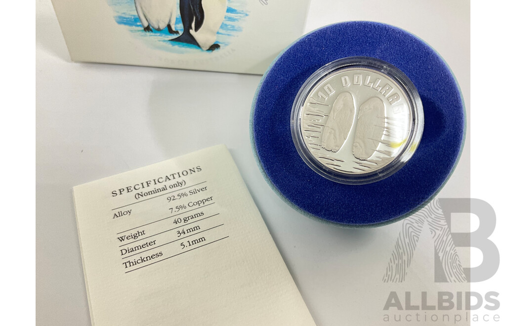 Australian RAM 1992 Silver Piedfort Ten Dollar Coin, Birds of Australia, Emperor Penguin .925