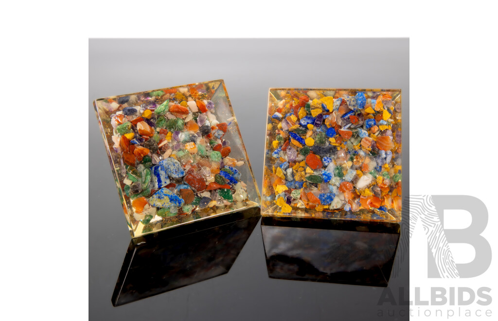 Pair of Pyramids with Crystal, Copper, Amethyst, Lapis Lazuli and More Encased in Resin