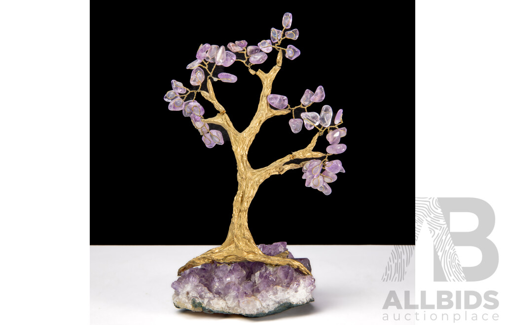 Natural Amethyst Specimen with Gilt Tree and Amethyst Leaves