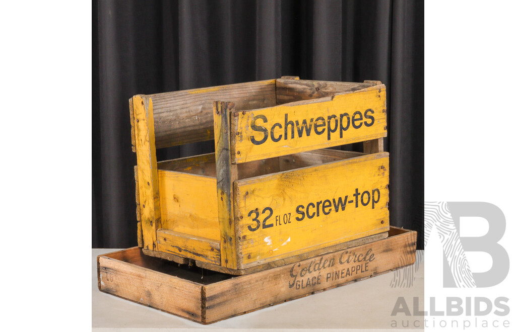 Vintage Schweppes Painted Bottle Crate and Golden Circle Tray
