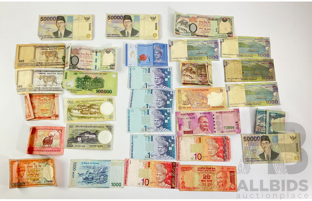 Collection of International Banknotes Including Korea, Vietnam, Bhutan, Ghana, Nepal, Indonesia, India, Malaysia