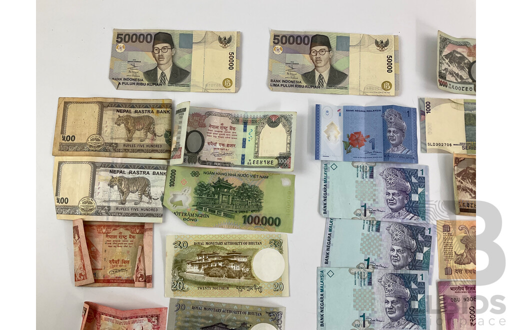 Collection of International Banknotes Including Korea, Vietnam, Bhutan, Ghana, Nepal, Indonesia, India, Malaysia