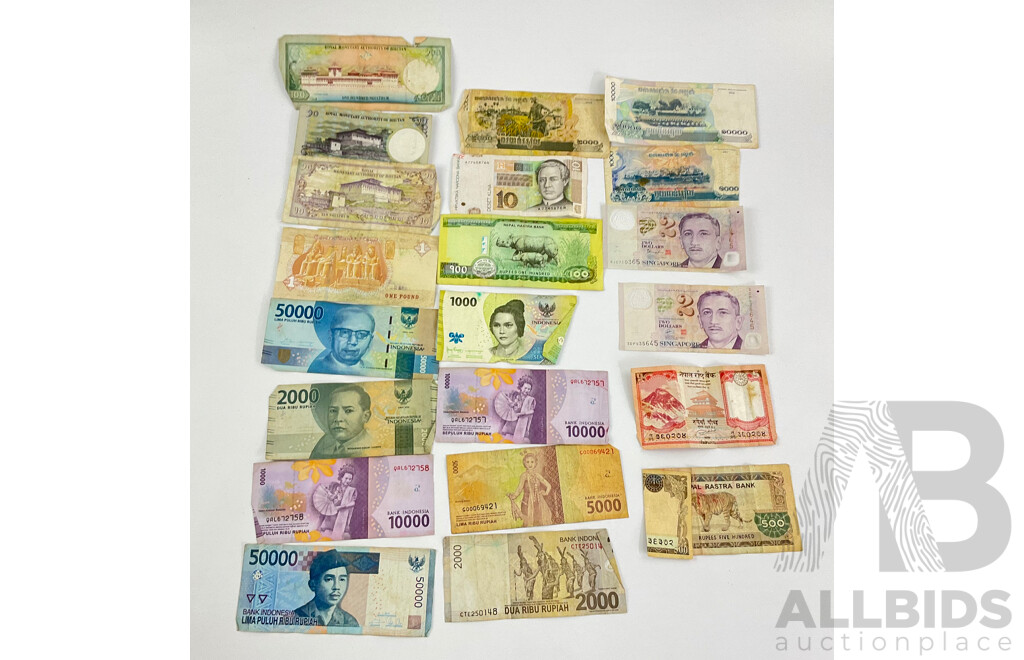 Collection of International Banknotes Including Cambodia, Croatia, Nepal, Indonesia, Egypt, Bhutan, Singapore