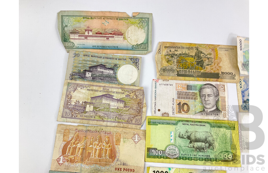 Collection of International Banknotes Including Cambodia, Croatia, Nepal, Indonesia, Egypt, Bhutan, Singapore