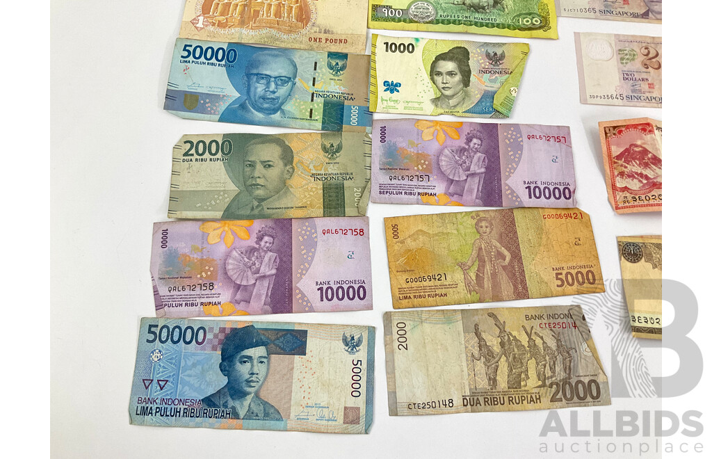 Collection of International Banknotes Including Cambodia, Croatia, Nepal, Indonesia, Egypt, Bhutan, Singapore