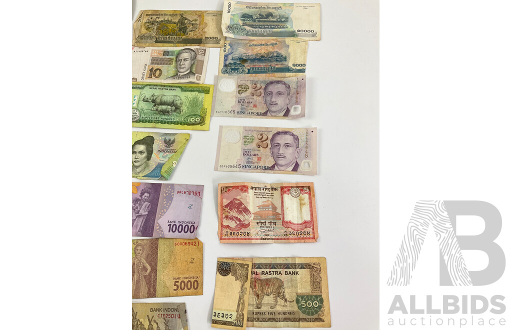 Collection of International Banknotes Including Cambodia, Croatia, Nepal, Indonesia, Egypt, Bhutan, Singapore