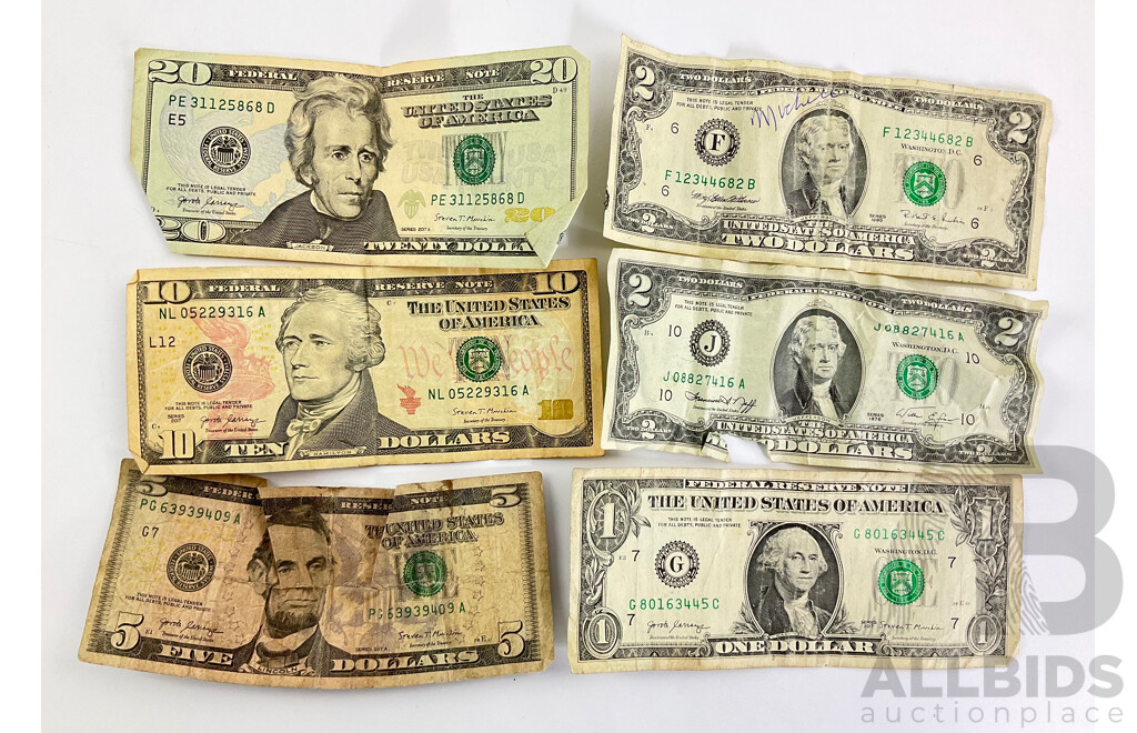 Collection of USA Banknotes, 2007A Twenty Dollars, 2017 Ten Dollars, 2017A Five Dollars, 1976, 1995 Two Dollars, 2017 One Dollar