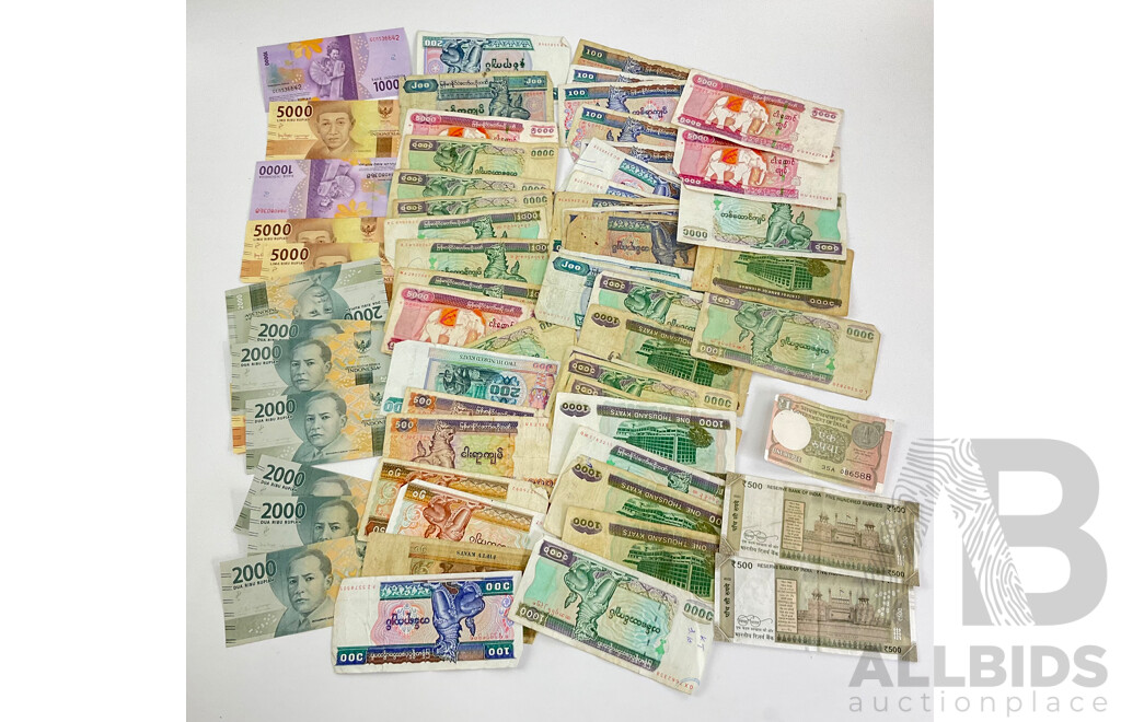 Collection of International Back Notes Including Indonesia, Myanmar, India