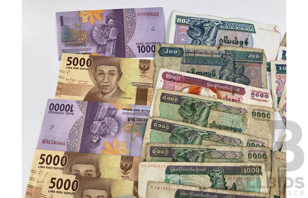 Collection of International Back Notes Including Indonesia, Myanmar, India