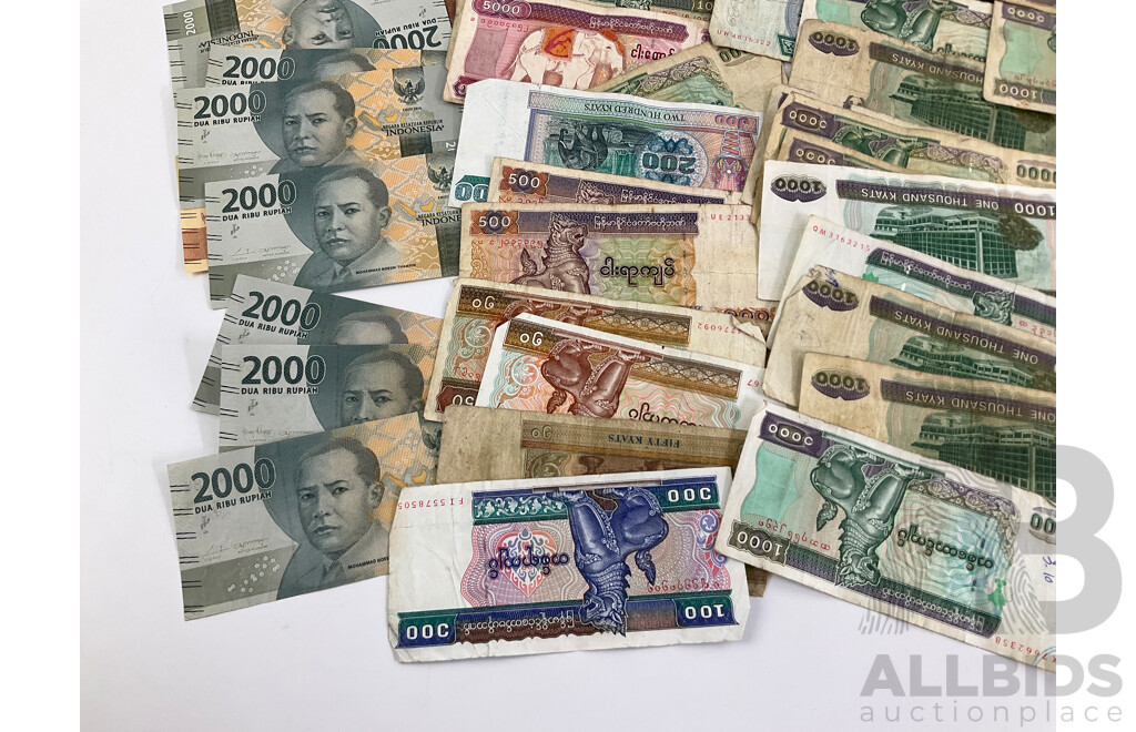 Collection of International Back Notes Including Indonesia, Myanmar, India