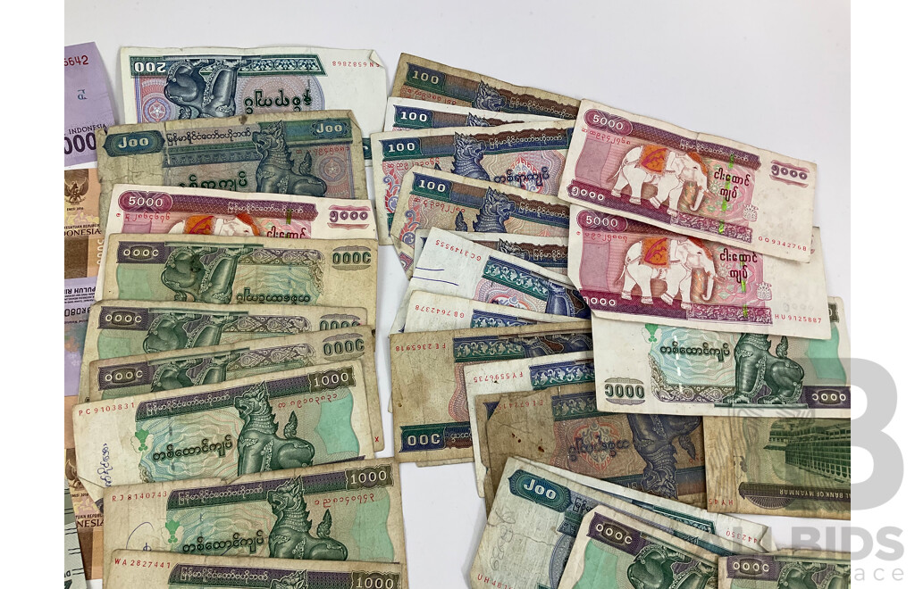 Collection of International Back Notes Including Indonesia, Myanmar, India