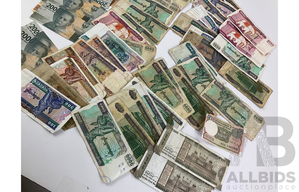 Collection of International Back Notes Including Indonesia, Myanmar, India