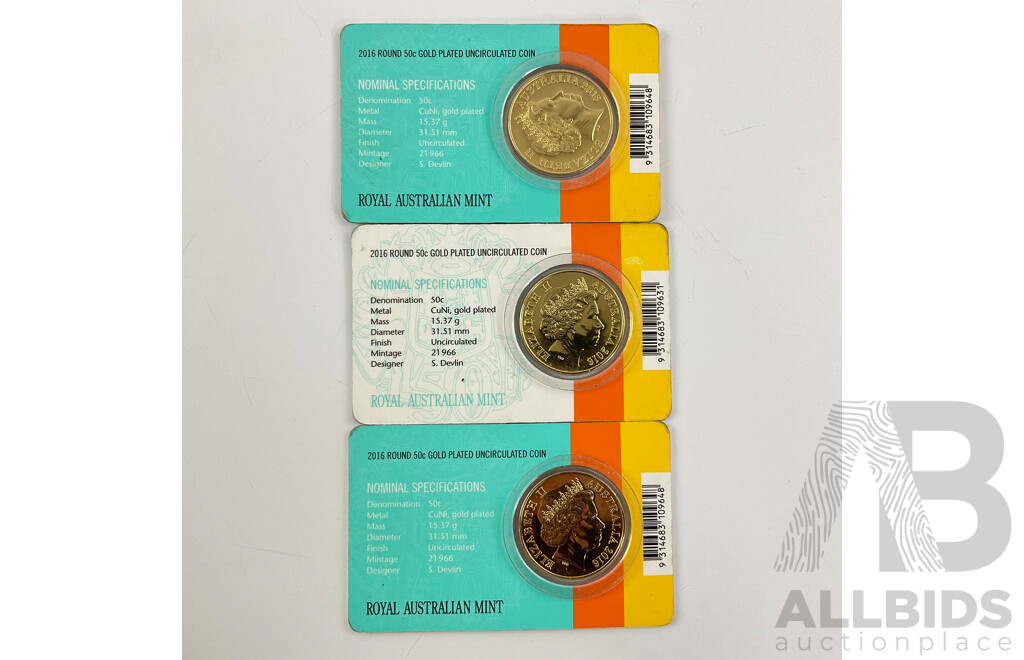 Australian Commemorative Coins Including Three RAM 2016 Gold Plated Round Fifty Cent Coins, Two 1988 Five Dollar Coins