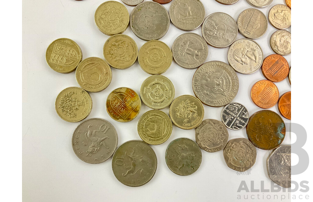 Collection of USA and United Kingdom Coins Including Ten One Pound and Commemoratives