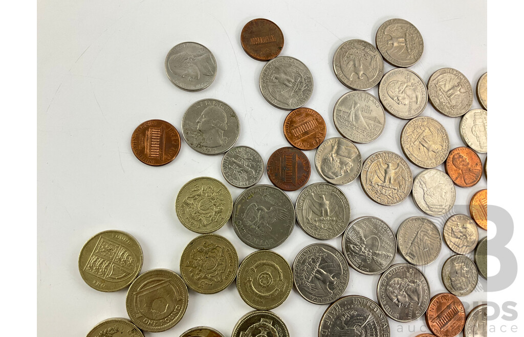 Collection of USA and United Kingdom Coins Including Ten One Pound and Commemoratives