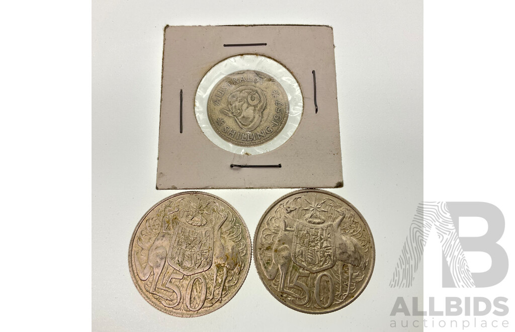 Two Australian 1966 Silver Round Fifty Cent Coins and 1957 Silver Shilling